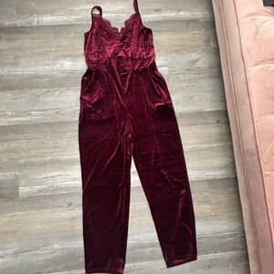 DAVI & DANI Rich Burgundy Velvet Jumpsuit